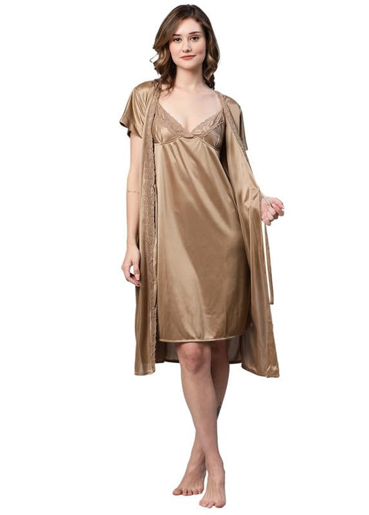 Women Satin Short Nighty with Lace & Robe 1306