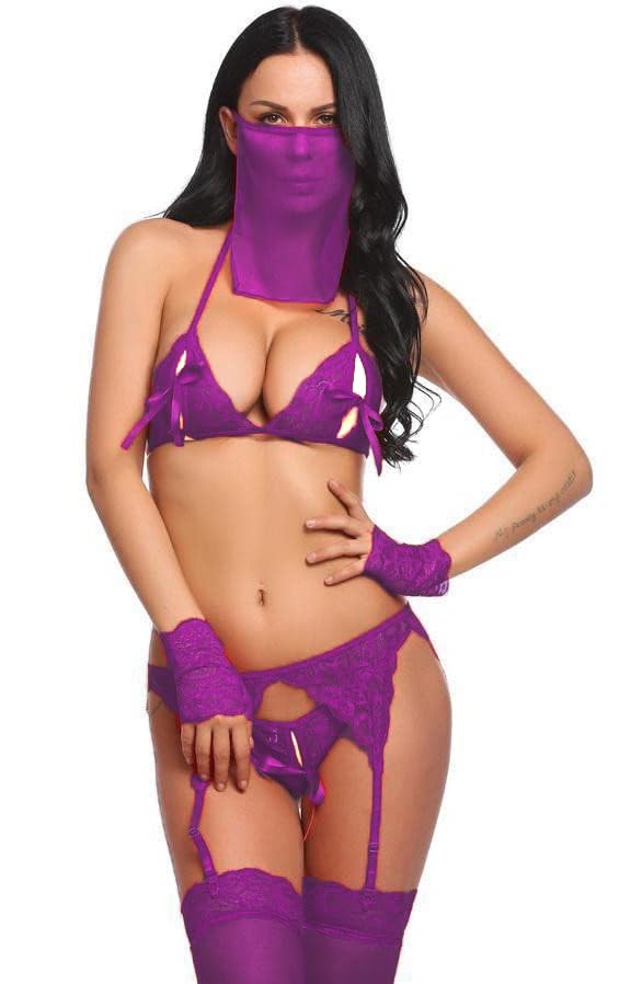 Women Babydoll Nightwear Lingerie, Swimwear Beachwear Sheer Lingerie Bra, Panty with Mask and Gloves Set for Women Girl