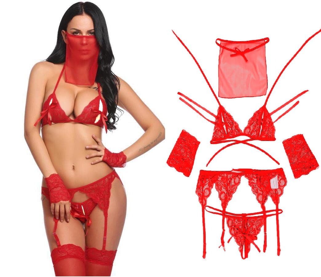 Women Babydoll Nightwear Lingerie, Swimwear Beachwear Sheer Lingerie Bra, Panty with Mask and Gloves Set for Women Girl