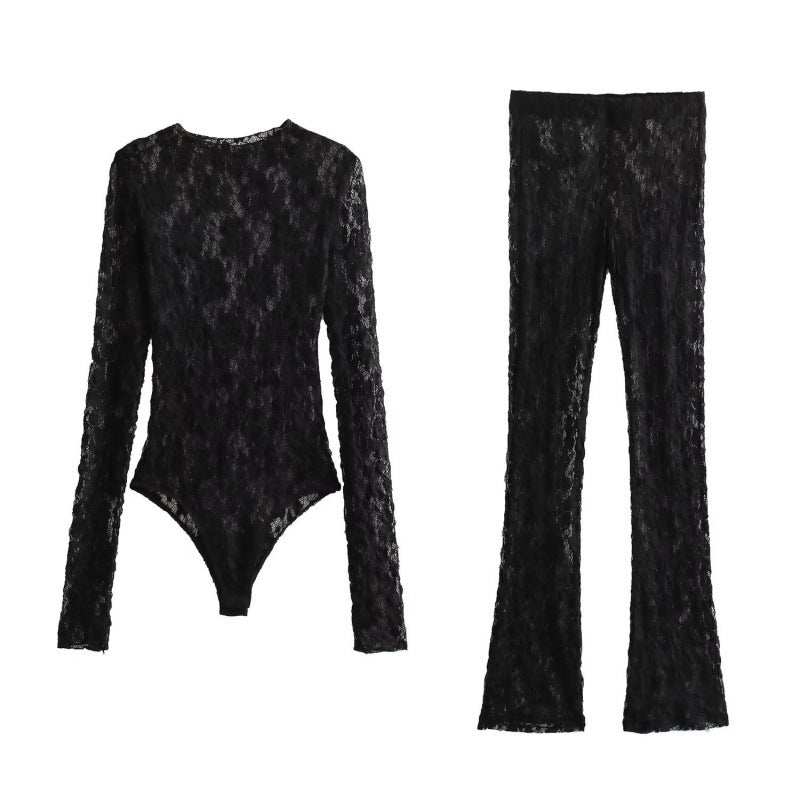 Fashionable and Sexy Lace Jumpsuit with Slit Pants Set