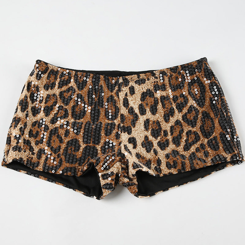 Low waisted sequined leopard print contrasting sexy shorts with tight fit display slim fit hot pants