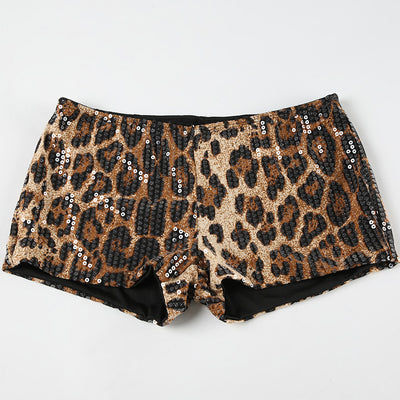 Low waisted sequined leopard print contrasting sexy shorts with tight fit display slim fit hot pants