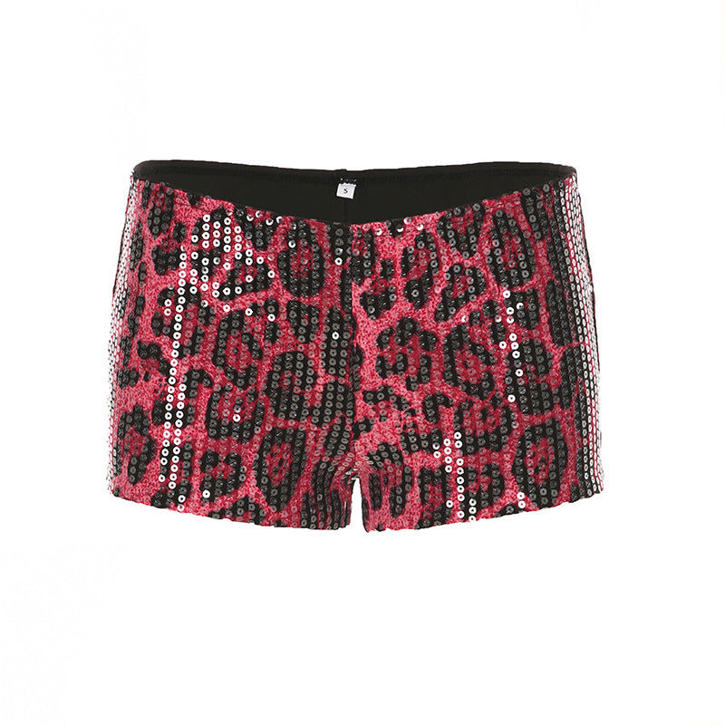 Low waisted sequined leopard print contrasting sexy shorts with tight fit display slim fit hot pants
