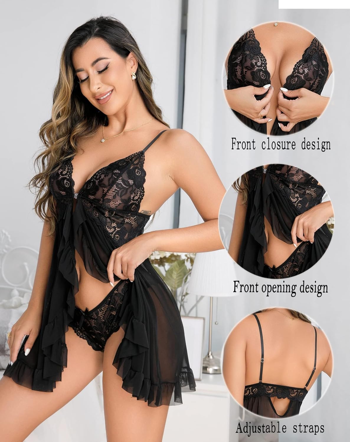 Women Lingerie Front Closure Babydoll Lace Chemise V Neck Ruffle Nightgown Sexy Sleepwear