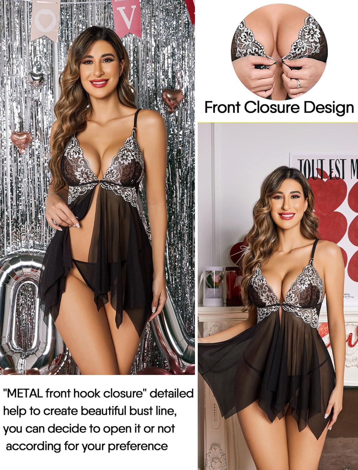 Women Lace Lingerie Front Closure Babydoll V Neck Nightwear Sexy Chemise Nightie Chrismas Bikini Girlfriend Wife Babydoll Valentine Festival