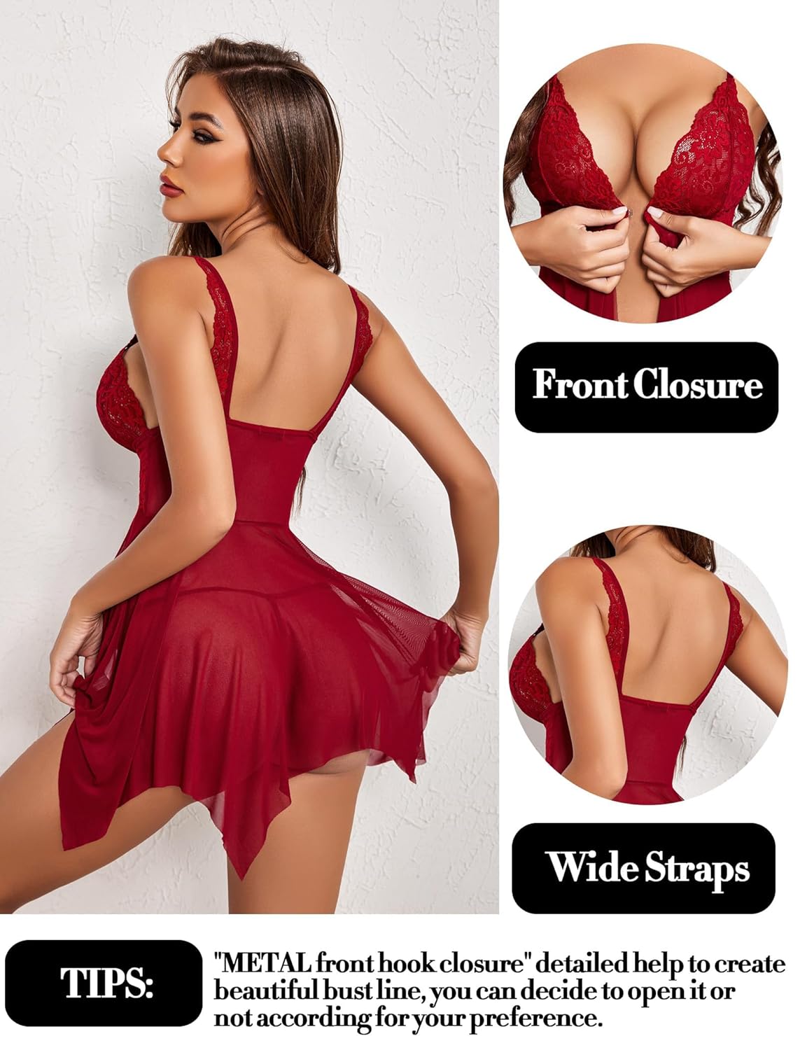 Women Lace Lingerie Front Closure Babydoll V Neck Nightwear Sexy Chemise Nightie Chrismas Bikini Girlfriend Wife Babydoll Valentine Festival