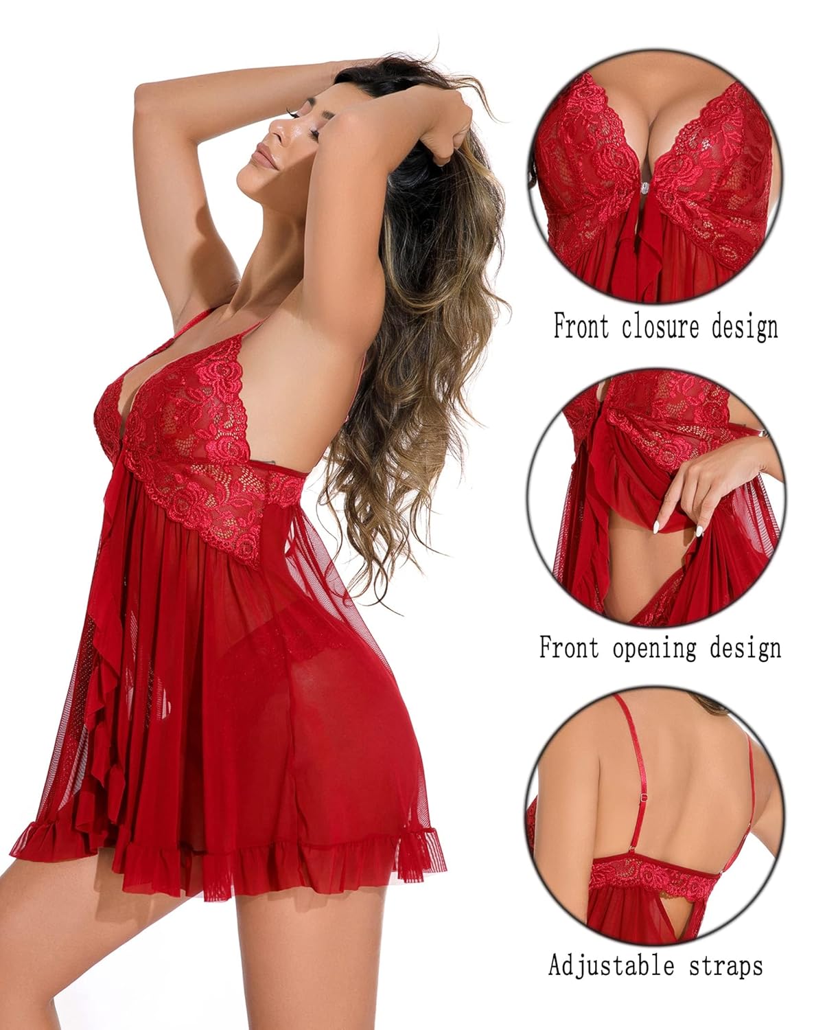 Women Lingerie Front Closure Babydoll Lace Chemise V Neck Ruffle Nightgown Sexy Sleepwear