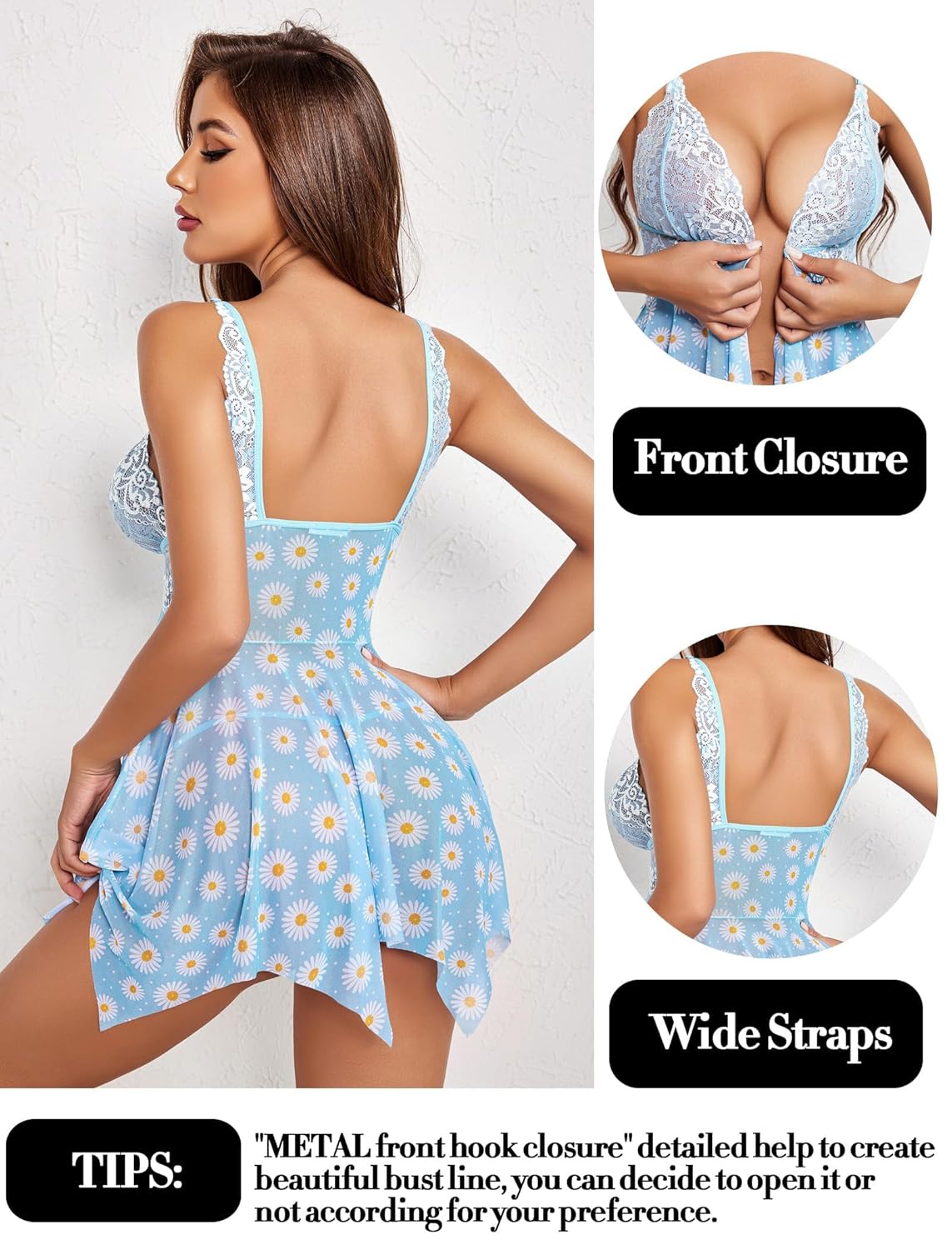 Women Lace Lingerie Front Closure Babydoll V Neck Nightwear Sexy Chemise Nightie Chrismas Bikini Girlfriend Wife Babydoll Valentine Festival