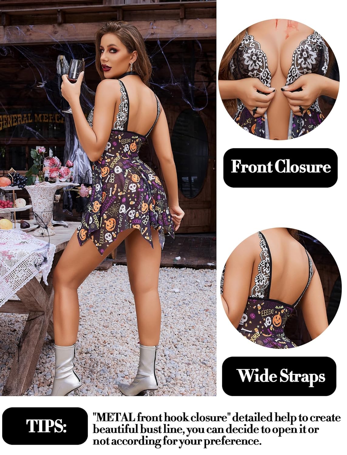 Women Lace Lingerie Front Closure Babydoll V Neck Nightwear Sexy Chemise Nightie Chrismas Bikini Girlfriend Wife Babydoll Valentine Festival